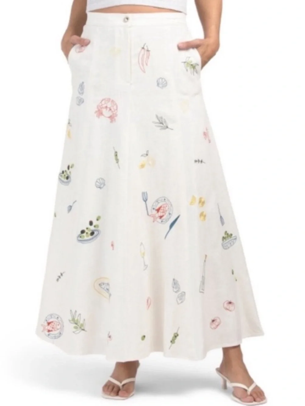 Caroline Constas Seafood Olives Fish Wine Embroidered White Linen Blend Skirt - Picture 5 of 17